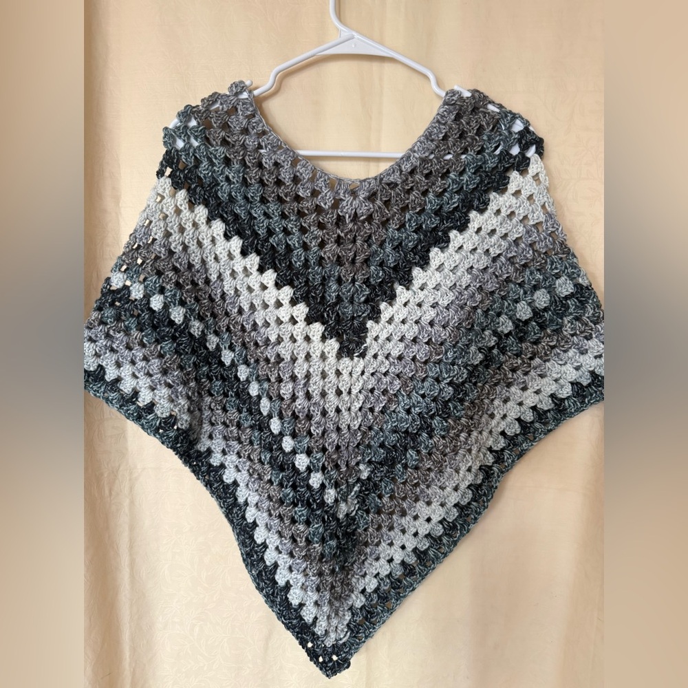 Crochet Poncho Sweater, Fall Winter Wear ,Women’s size Small Gray Tones Handmade